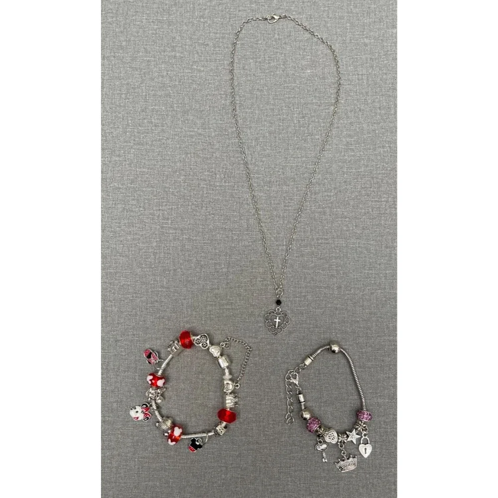 Women's bracelet with charms and Cross necklace bundle, 3 pack